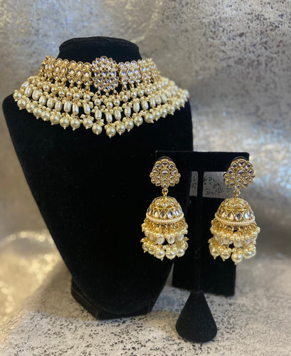White Pearls Gold Kundan Choker Jhumki Set