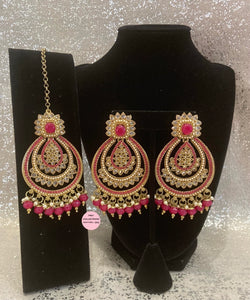 Hot Pink Gold Polki Earrings Tikka Set