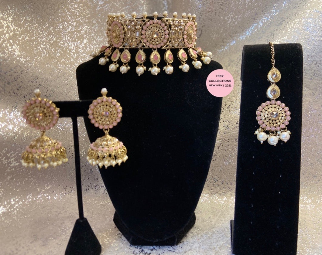 Baby Pink and Gold Choker Polki Set