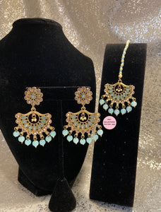 Golden Polki Earrings Tikka Set