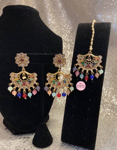 Golden Polki Earrings Tikka Set