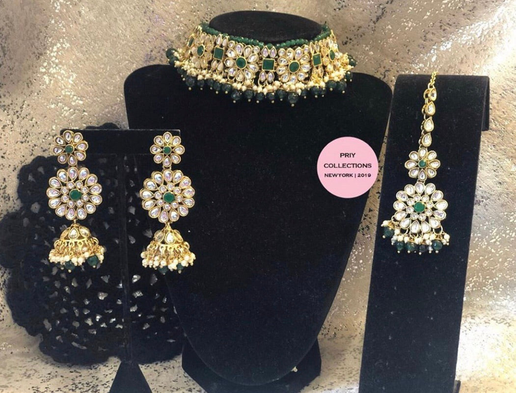Green And Gold Polki Choker Set