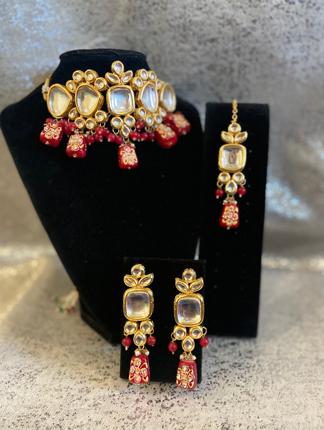 Red Gold Statement Kundan Choker Set