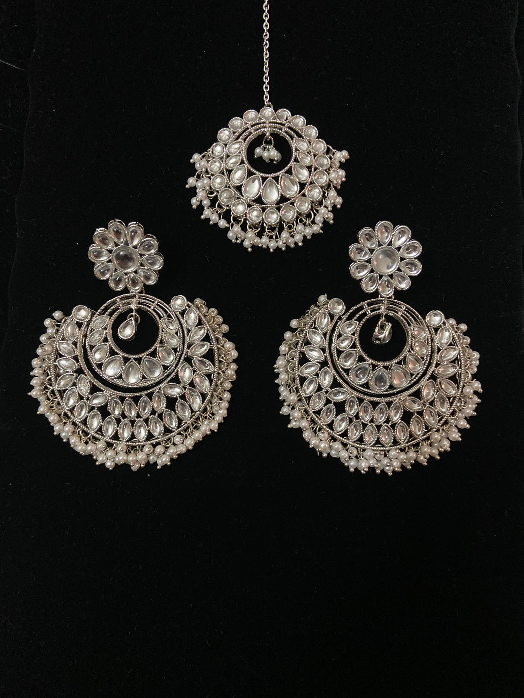 Big Silver White Earrings Tikka set