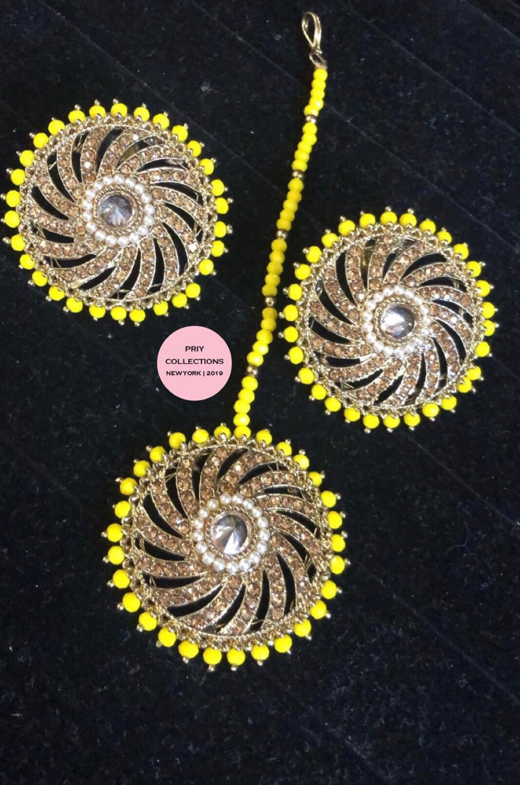 Yellow Studs Earrings and Tikka Set