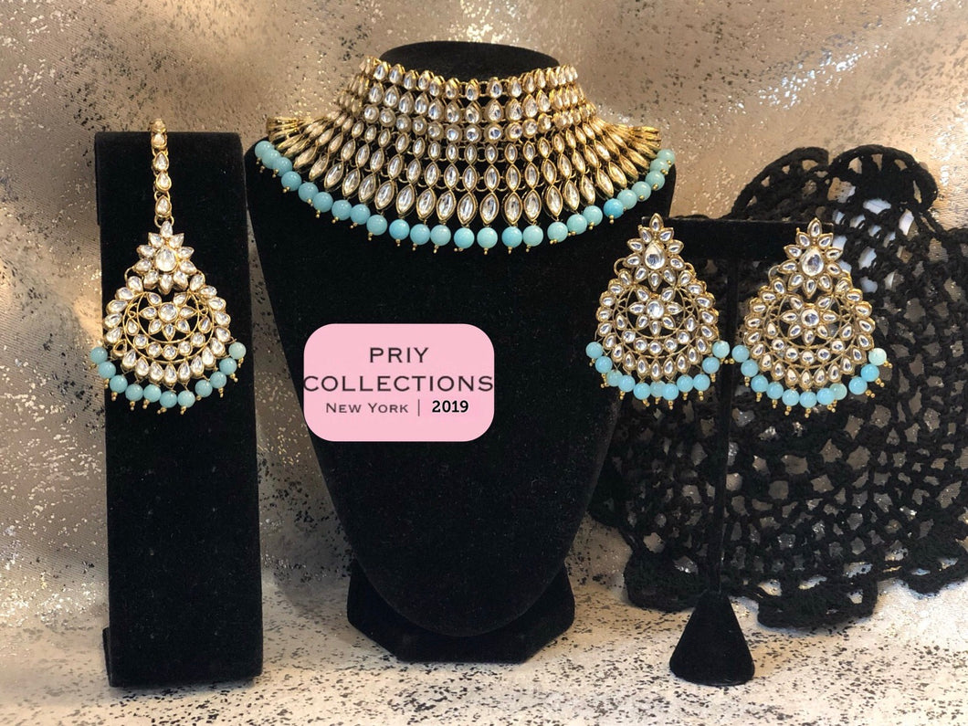 Ferozi Blue Pearls And Gold Choker Set