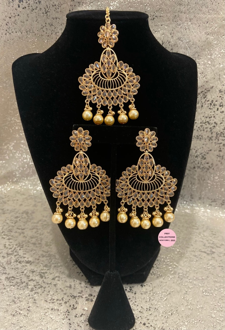 Polki Golden Earrings Tikka Set