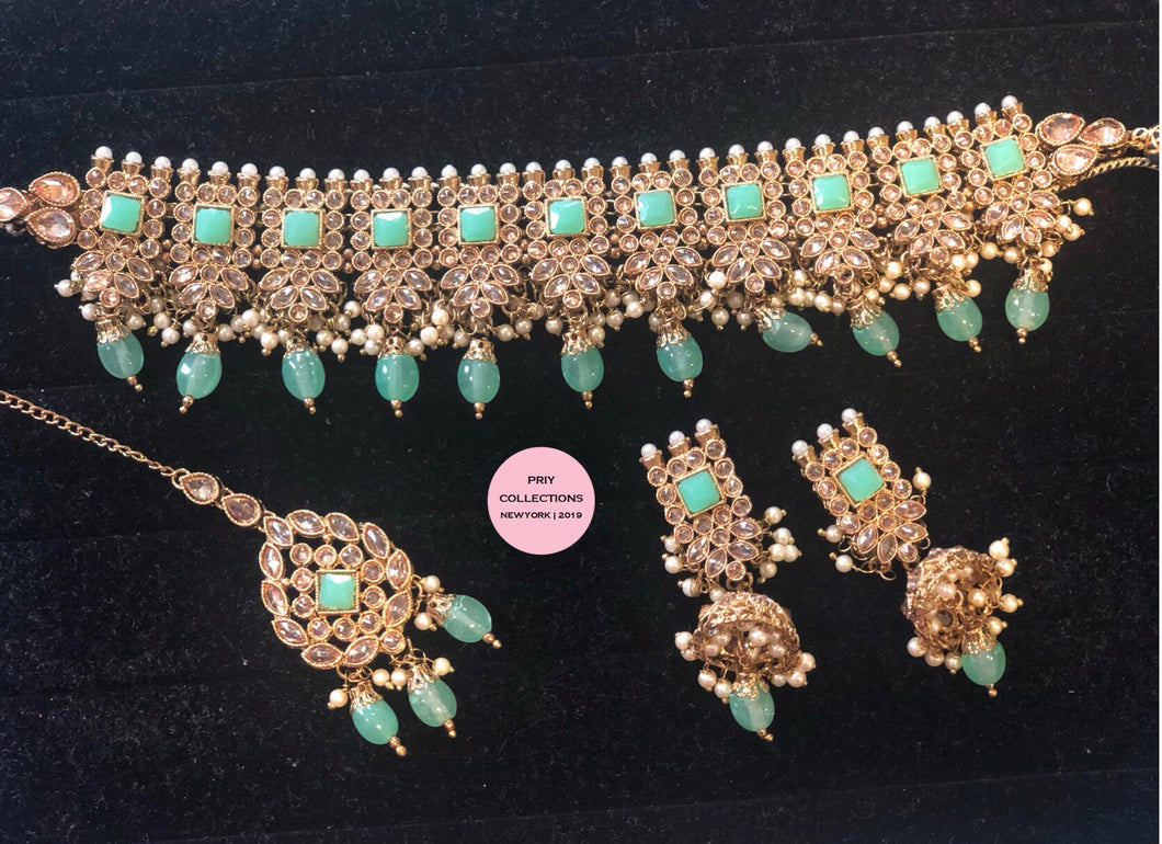 Gold & C-Green Beads Polki Choker Set