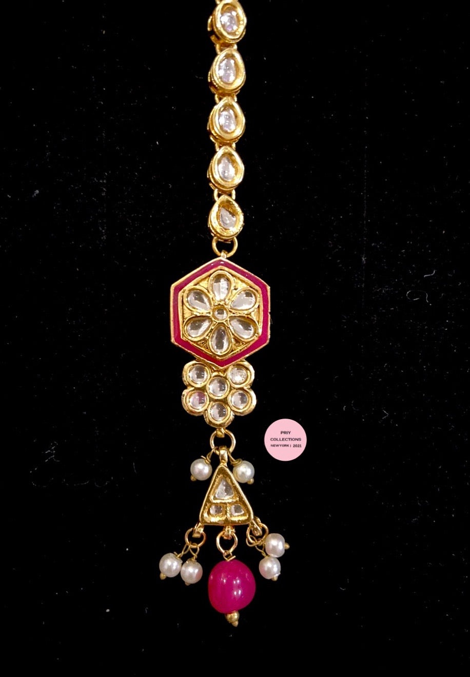 Ruby Gold Kundan Maang Tikka