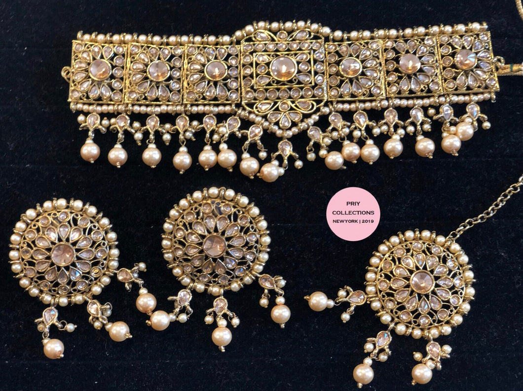 Golden Polki Pearls Choker Set