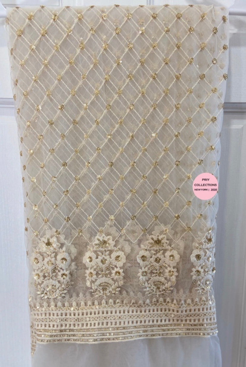 White Gold Embroidery Net Dupatta