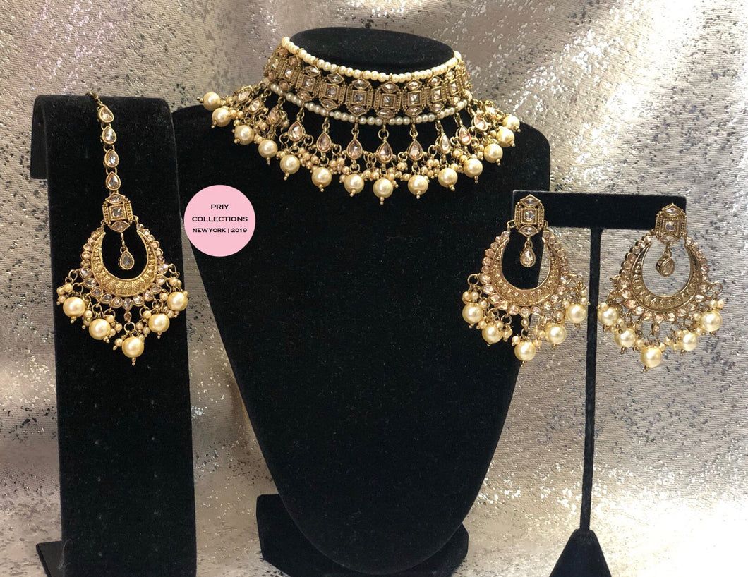 Gold Polki Pearls Choker Set