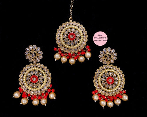 Beautiful Red and Gold Polki Earrings Tikka