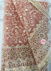 Pink Gold Embroidery Net Dupatta