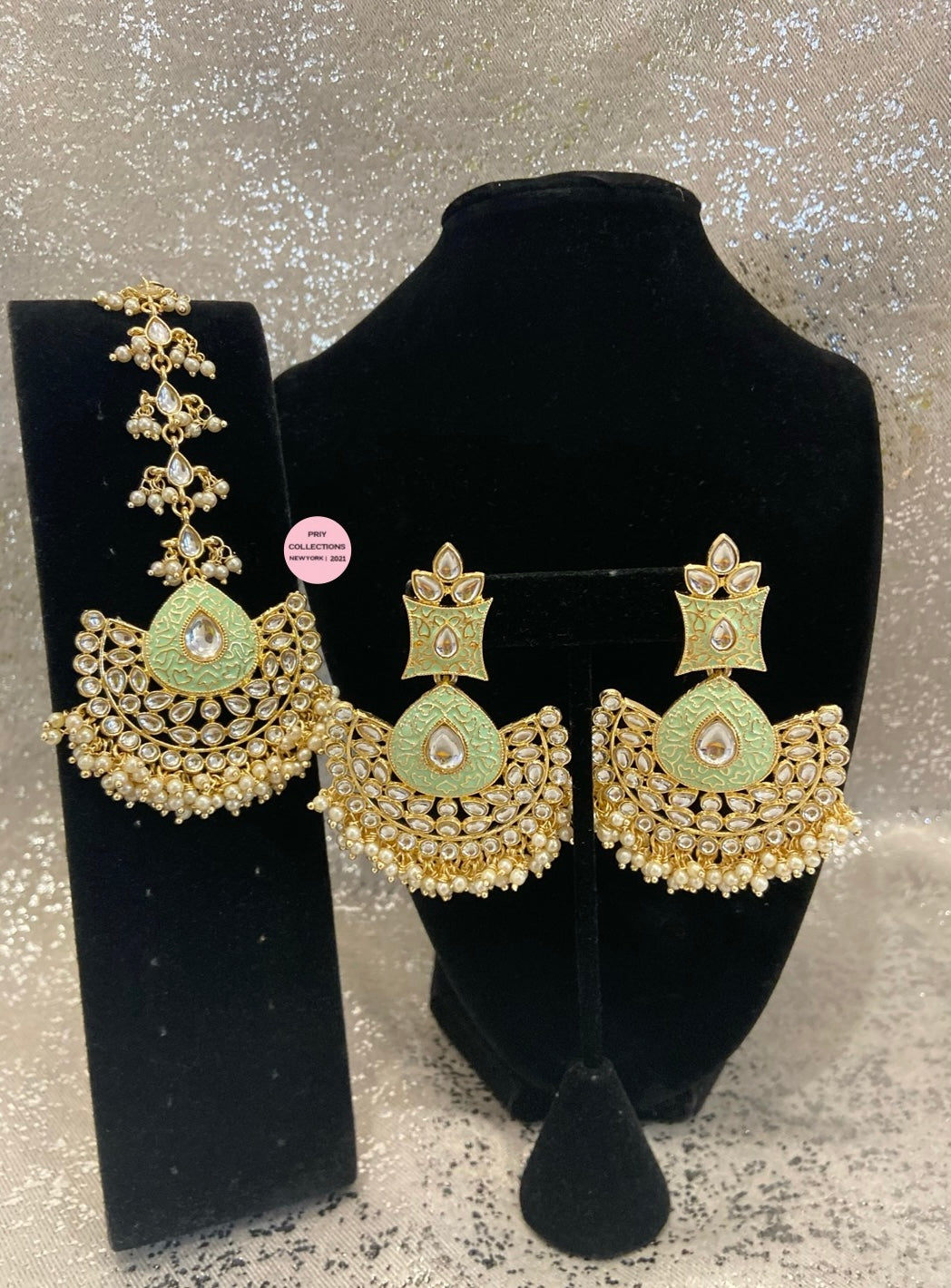 Gold Meena Colored Earrings Tikka Set - 5 Colors