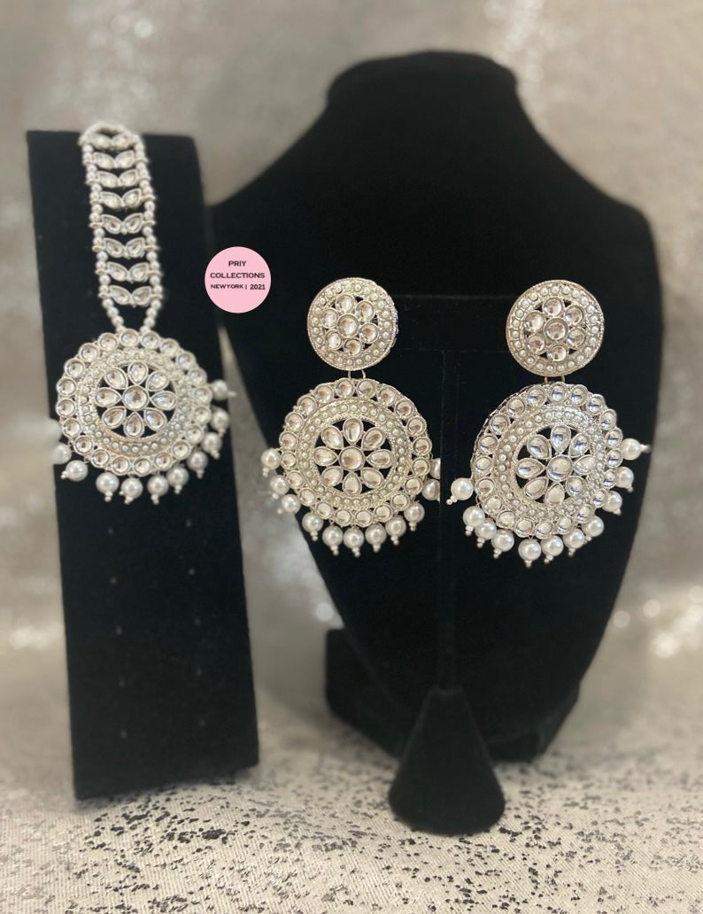 White Pearls Silver Earrings Tikka Set