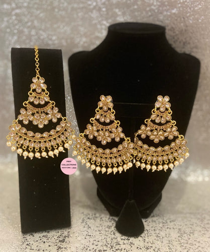 Golden Polki Chandelier Earrings Tikka