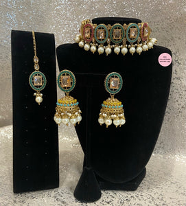 Multi Pearls Polki Choker Jhumki Set