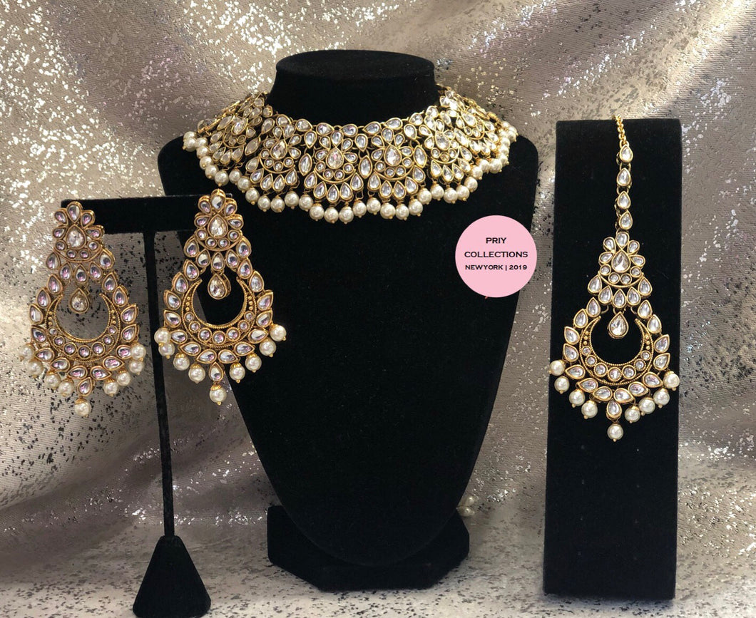 White Gold Pearls Jhallar Set
