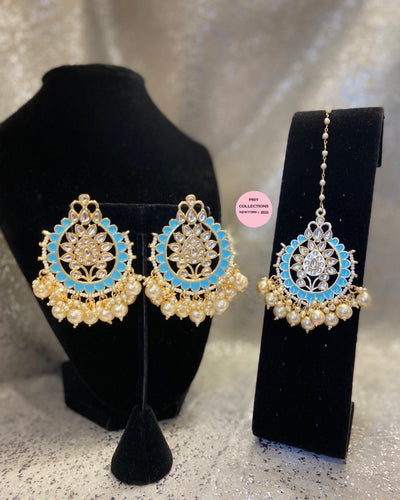 Blue Kundan Earrings Tikka Set