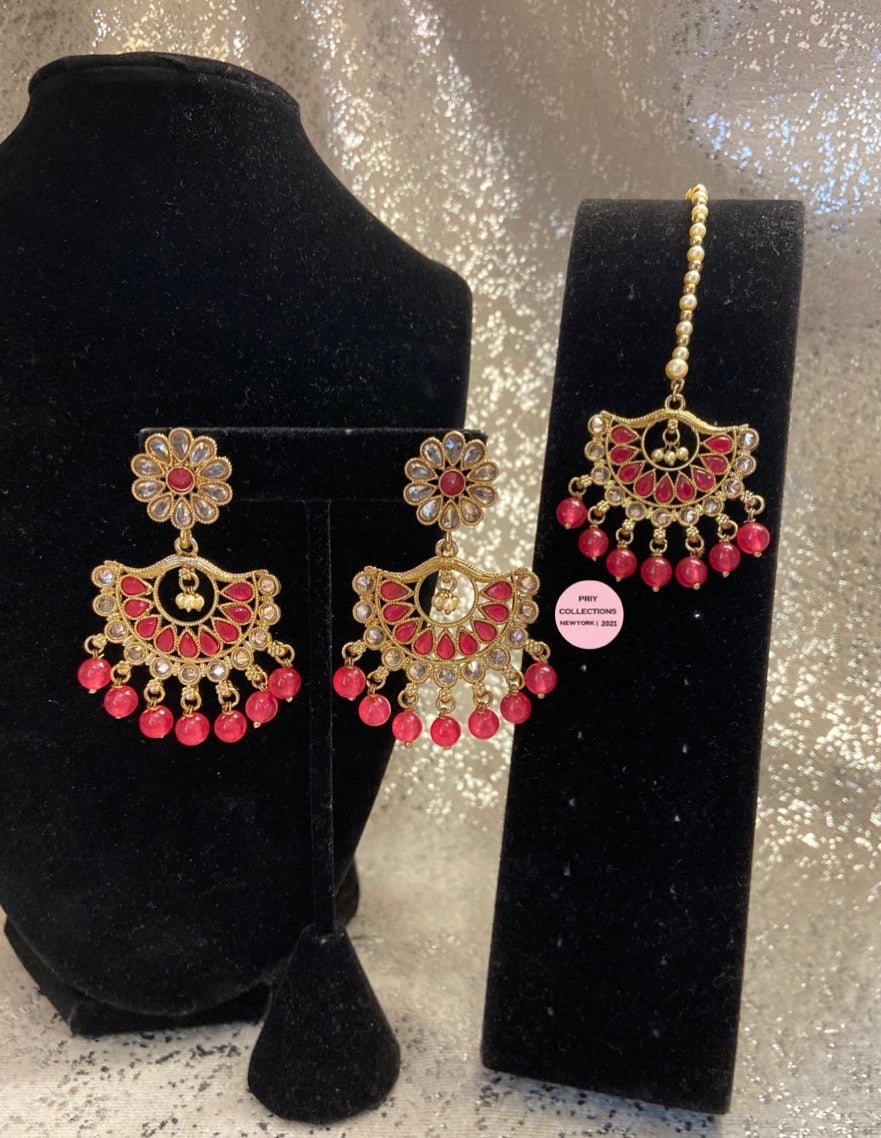 Golden Polki Earrings Tikka Set