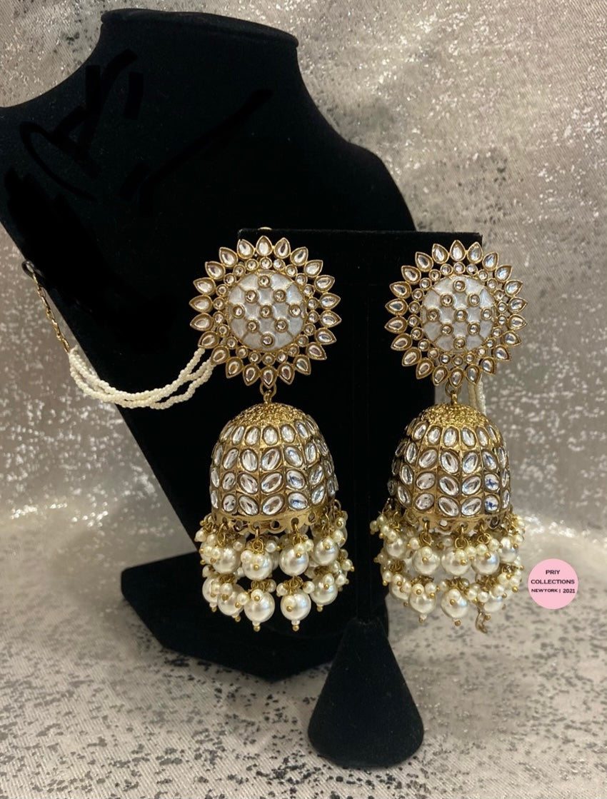 Antique Gold White Long Jhumkis