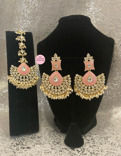 Gold Meena Colored Earrings Tikka Set - 5 Colors