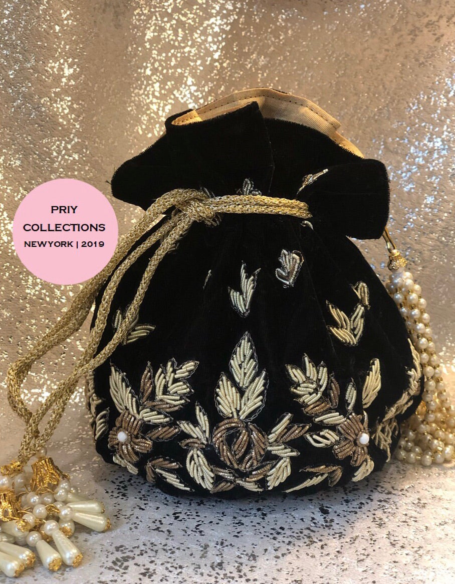 Black Embroidered Velvet Potli Bag – PRIY COLLECTIONS